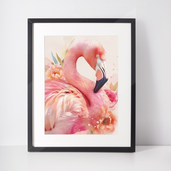 Watercolor Pink Flamingo Portrait Wall Art Illustration Print Poster Unframed - Picture 3 of 5